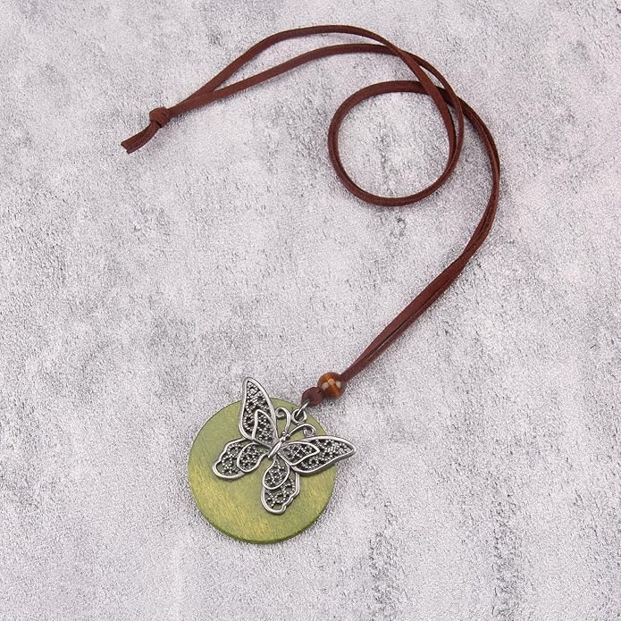Long Boho Necklaces for Women Vintage Leather Wooden Pendant Y Choker Ethnic Style Gold Circle Hippie Sweater Necklace