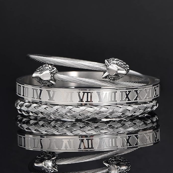 WFYOU 3PCS Stainless Steel Bracelets for Men Gold Roman Numeral Bangle Bracelet Twisted Cable Bracelet Adjustable Cuff Bracelet Mens Luxury Jewelry Bracelets Gifts