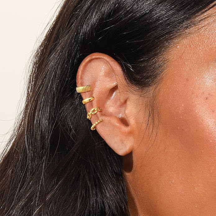 Gold Ear Cuffs Earrings for Women Non Piercing - Clip on Cartilage Earrings Dainty 14K Gold Sterling Silver Plated Cubic Zirconia Huggie Hoop Earring for Women No Tarnish Trendy Jewelry Set