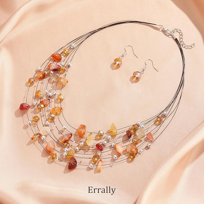 Multi-Layer Boho Shell Beaded Necklace for Women Colorful Crystal Strand with Silver Beads Statement Collars Necklace and Earrings Costumes Jewelry Sets for Women