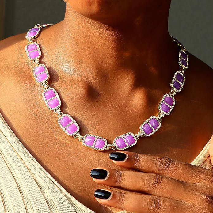 Chunky Necklace for Women 12 Colors Diamond Stone Gold Statement Necklace for Women Full Trendy Blue Birthstone Choker Necklace for Women Square Design Necklace Jewelry