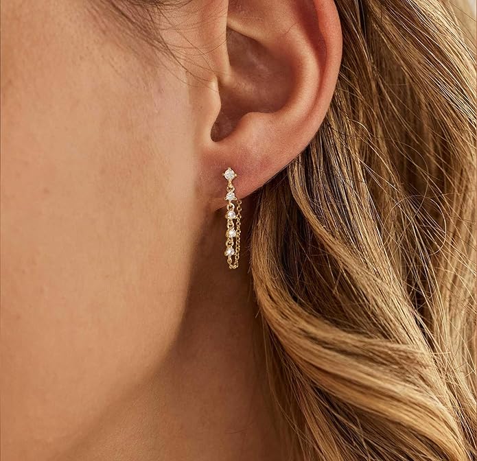 Gold Earrings for Women,Dainty 14k Gold Plated Pearl Drop Earring Dangle Pearl Dangling Earrings for Women Trendy Small Cute Wedding CZ Earring Long Chain Threader Prom Jewelry Gifts