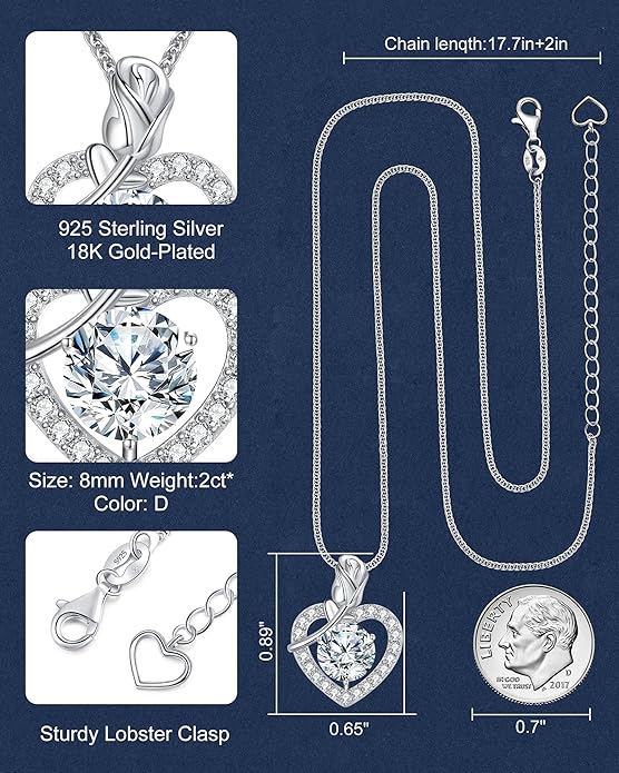 N9NEMUSES Rose Heart Pendant Necklace for Wife, 2-4 Carat Moissanite 925 Sterling Silver Necklace, Wedding Anniversary Present or Birthday Christmas Valentines Day Jewelry for Wife Her Girlfriend Mom Daughter