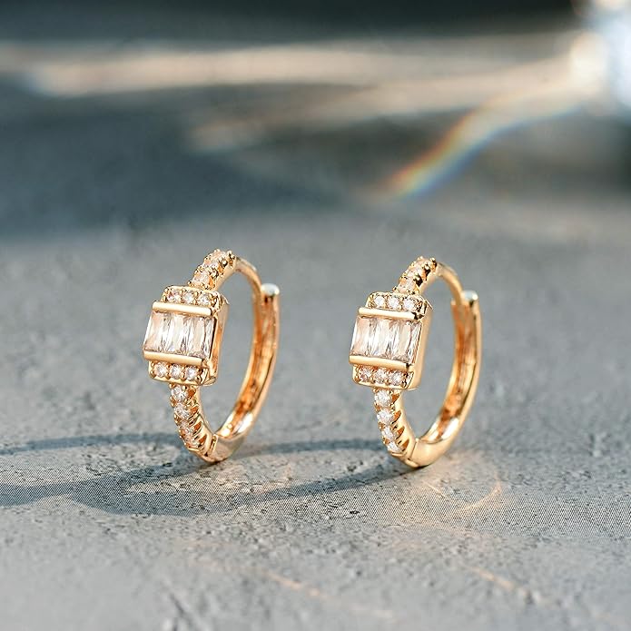 Gold Huggie Hoop Earrings 14K Gold Plated Dainty Chunky Thick Hoop Diamond Cubic Zriconia Inlay Sleeper Tiny Delicate Boho Beach Simple Hypoallergenic Jewelry Gift for Her