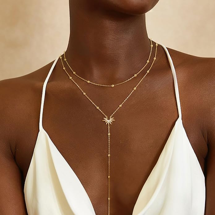 CHESKY Lariat Gold Necklace for Women Trendy, Dainty Long Necklace 14k Gold Plated/Silver Y-Shaped Pendant Necklace Layered Cz Beaded Chain Drop Necklaces Simple Gold Jewelry For Women Gift