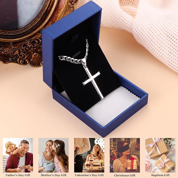 MILACOLATO 925 Sterling Silver Cross Necklace Men - Beveled Edge Cross Pendant with 5mm 316L Stainless Steel Cuban Link Curb Chain Crucifix Necklaces Silver Jewelry for Men Women, 18-30'' Christian Baptism Gift