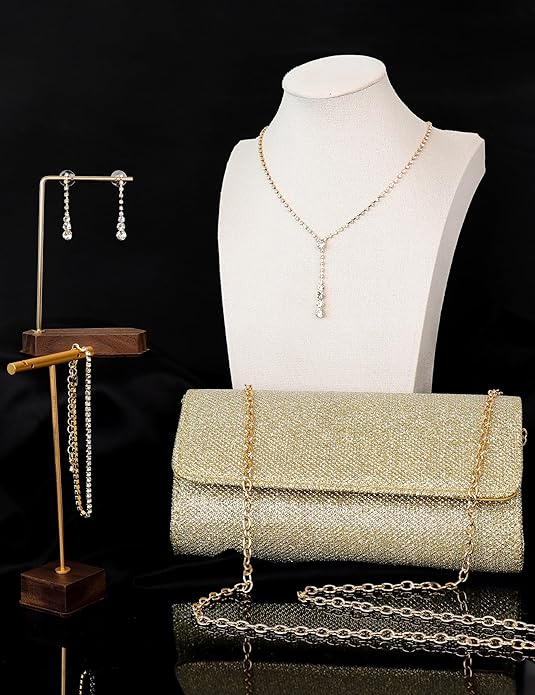 Silver Prom Jewelry Set for Women Rhinestone Necklace Dangle Earrings Bracelet Clutch Purse Silver Accessories Bride Bridesmaid Crystal Bridal Jewelry for Wedding Engagement Party Prom Accessories