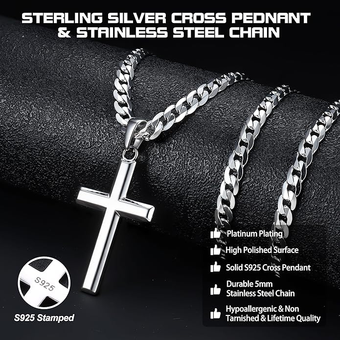 MILACOLATO 925 Sterling Silver Cross Necklace Men - Beveled Edge Cross Pendant with 5mm 316L Stainless Steel Cuban Link Curb Chain Crucifix Necklaces Silver Jewelry for Men Women, 18-30'' Christian Baptism Gift