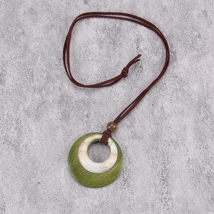 Long Boho Necklaces for Women Vintage Leather Wooden Pendant Y Choker Ethnic Style Gold Circle Hippie Sweater Necklace
