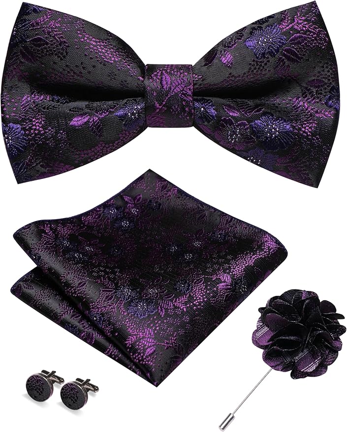 JEMYGINS Floral Pre-tied Bow Tie and Pocket Square Cufflinks Lapel Pin Sets for Men 4PCS