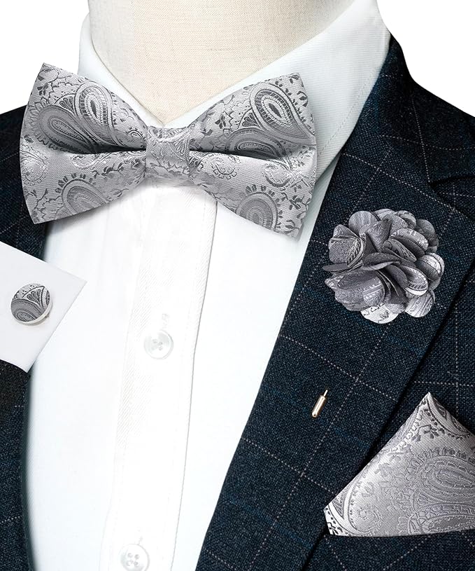 JEMYGINS Mens Paisley Bow Tie and Lapel Pin Necktie Pocket Square and Tie Clip with Sets for Business Casual 4PCS