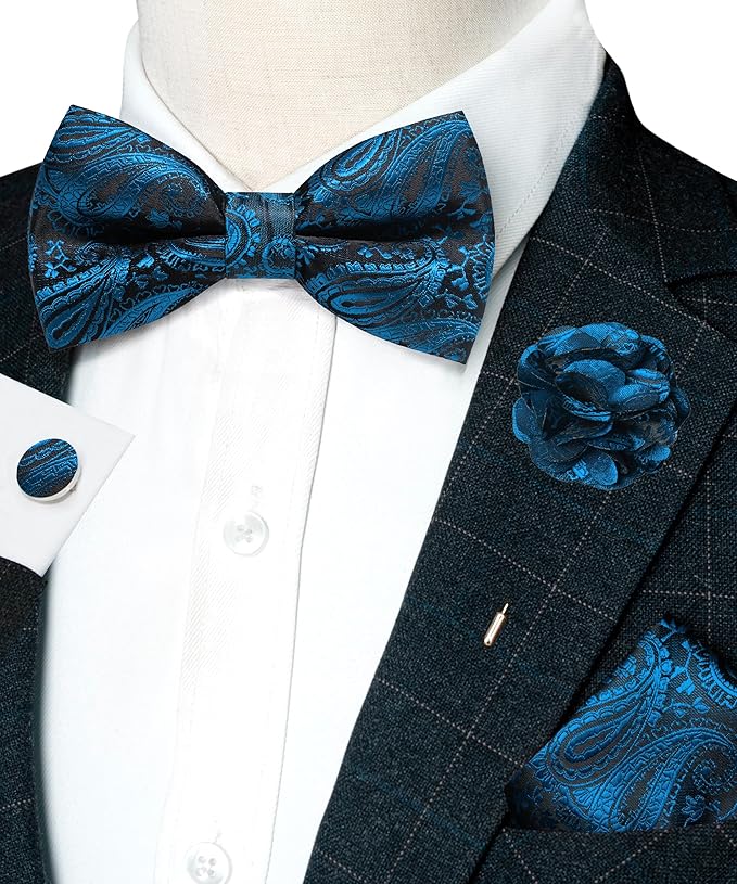 JEMYGINS Mens Paisley Bow Tie and Lapel Pin Necktie Pocket Square and Tie Clip with Sets for Business Casual 4PCS