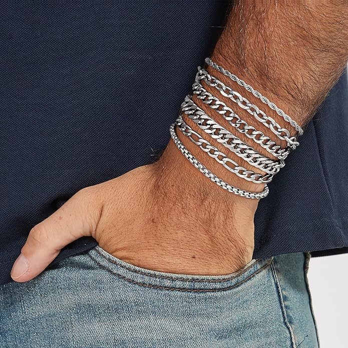 Yoosteel Mens Bracelets - Silver Chain Bracelet Stainless Steel Cuban Link Stack Bracelets Sturdy Rope Paperclip Chains Set 7.5/8.3/9 inches Trendy Jewelry for Men