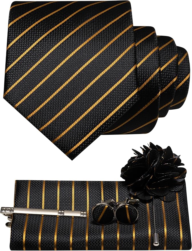 JEMYGINS Mens Tie and Pocket Square,Lapel Pin,Cufflinks,Tie Clip Sets with Gift Box 5PCS