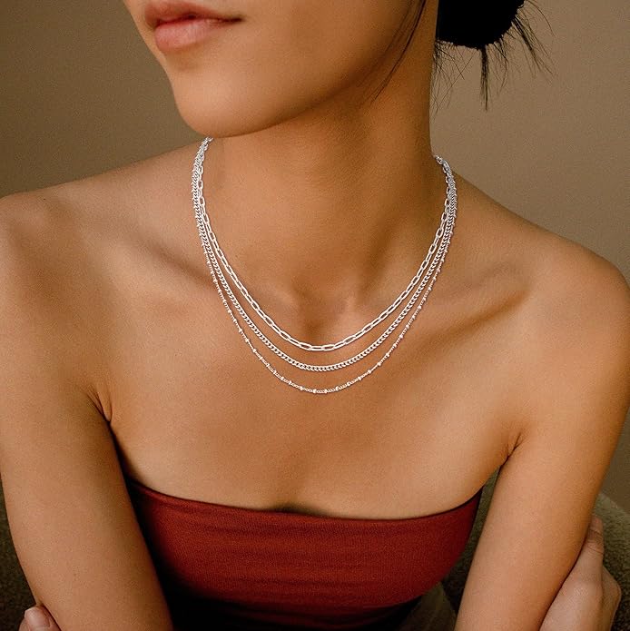 Gold/Silver Necklaces Stack For Women, 14K Gold/Sterling Silver Plated Layered Choker Necklace Set, Stackable Multilayer Simple Cuban Snake Paperclip Chain Set Jewelry Gift for Women