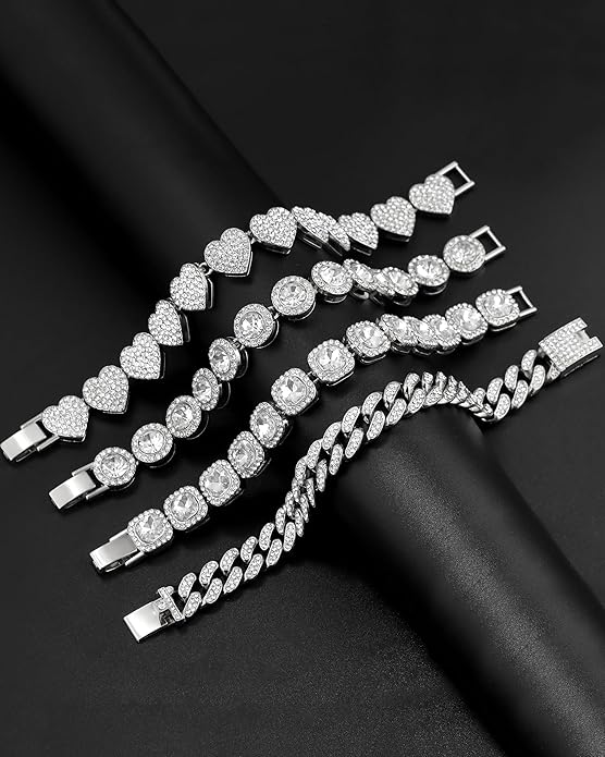 shopbyskyler 4PCS Gold Bracelets for Women Silver Clustered Tennis Bracelet for Women Heart Round Diamond Cuban Bracelet Layered Link Bracelet Set Fashion Jewelry for Women Set