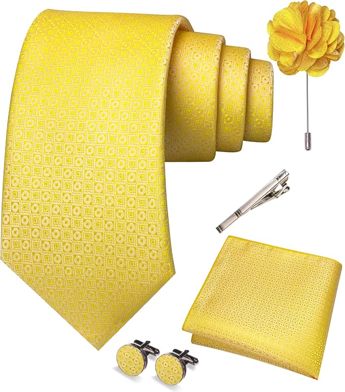 JEMYGINS Mens Tie and Pocket Square,Lapel Pin,Cufflinks,Tie Clip Sets with Gift Box 5PCS