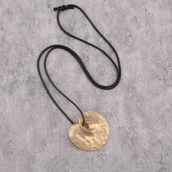 Long Boho Necklaces for Women Vintage Leather Wooden Pendant Y Choker Ethnic Style Gold Circle Hippie Sweater Necklace