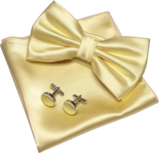 JEMYGINS Solid Color mens Pre-tied Bow Tie and Pocket Square Cufflinks Sets with Gift Box