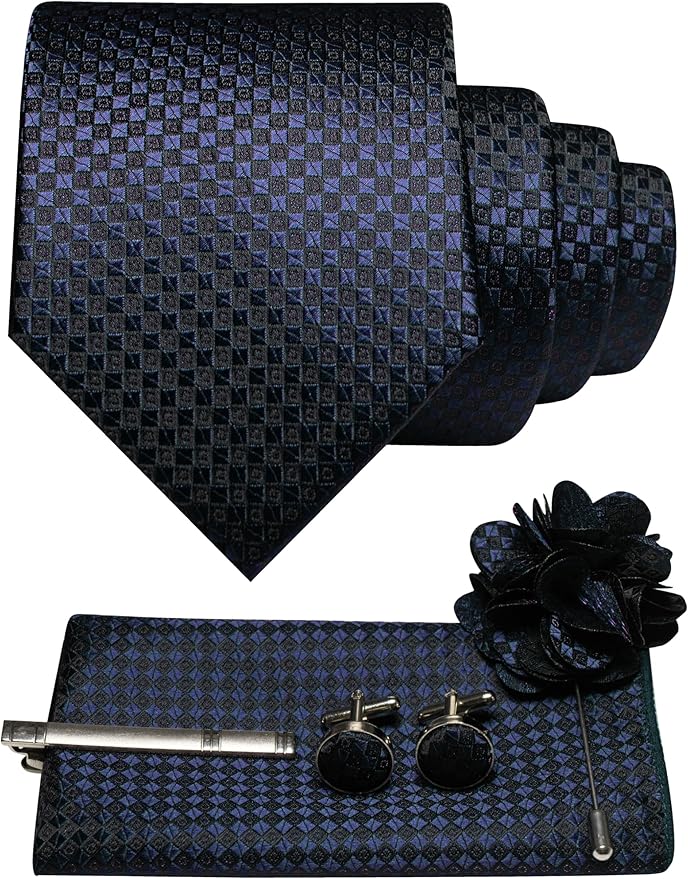JEMYGINS Mens Tie and Pocket Square,Lapel Pin,Cufflinks,Tie Clip Sets with Gift Box 5PCS
