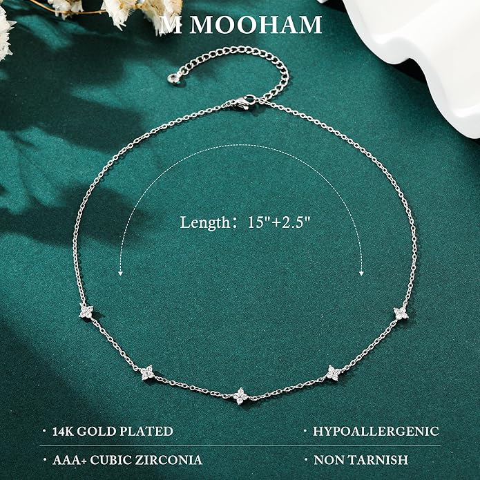 M MOOHAM Gold Clover Heart Pearl Butterfly Star flower Choker Necklace for Women - Dainty 14K Gold Plated Cubic Zirconia Cute Station Necklaces for Women Trendy Prom Jewelry Gifts
