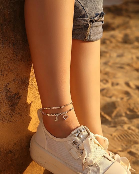 Initial Ankle Bracelets for Women Waterproof 14K Gold Plated Dainty Layered Figaro Chain Letter Initial CZ Heart Ankle Bracelets Set Summer Beach Jewelry for Women
