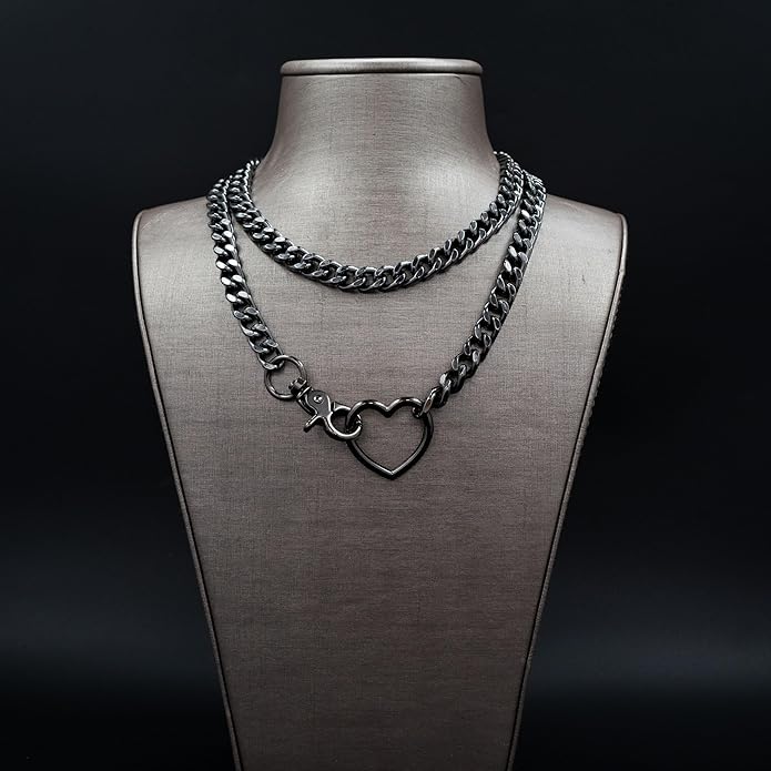 Chunky Gold Choker Necklaces for Women, Long Gold Chain Heart Necklace, 36 Inches Slip Chain Adjustable Lariat Heart Y Necklace for Women and Men, Goth Chunky Heart Necklace Jewlery Gifts