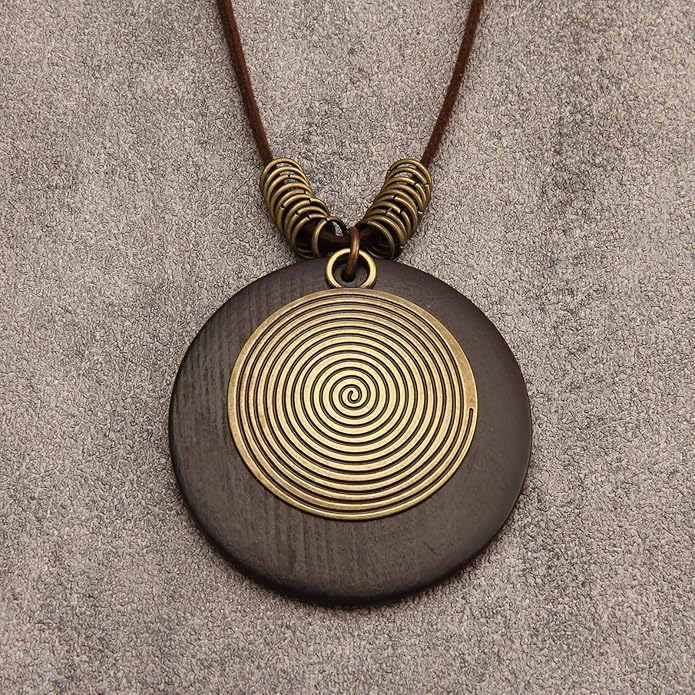 Long Boho Necklaces for Women Vintage Leather Wooden Pendant Y Choker Ethnic Style Gold Circle Hippie Sweater Necklace
