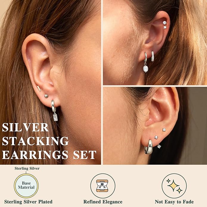 BESTEEL 13 Pairs Small Stud Hoop Earrings Set for Women Hypoallergenic Gold Plated Huggie Hoops Pearl Dainty Lightweight Earrings for Gift