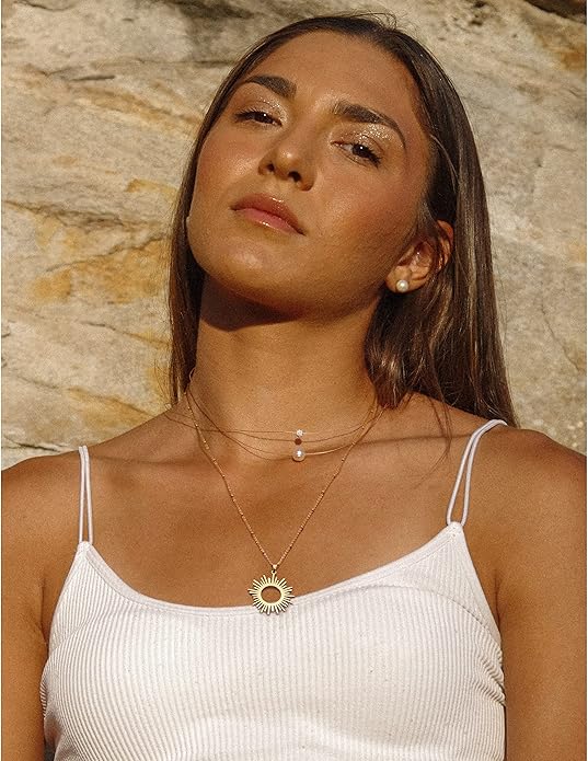 CANEVINKA 18K Gold Plate Coin Pendant Necklace for Women Dainty Compass Sunflower Necklaces Personalized Chain Layered Jewelry