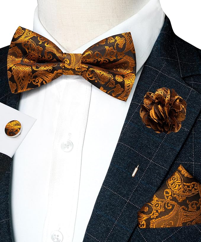 JEMYGINS Paisley Pre-tied Bow Tie and Pocket Square Cufflinks Lapel Pin Sets for Men 4PCS