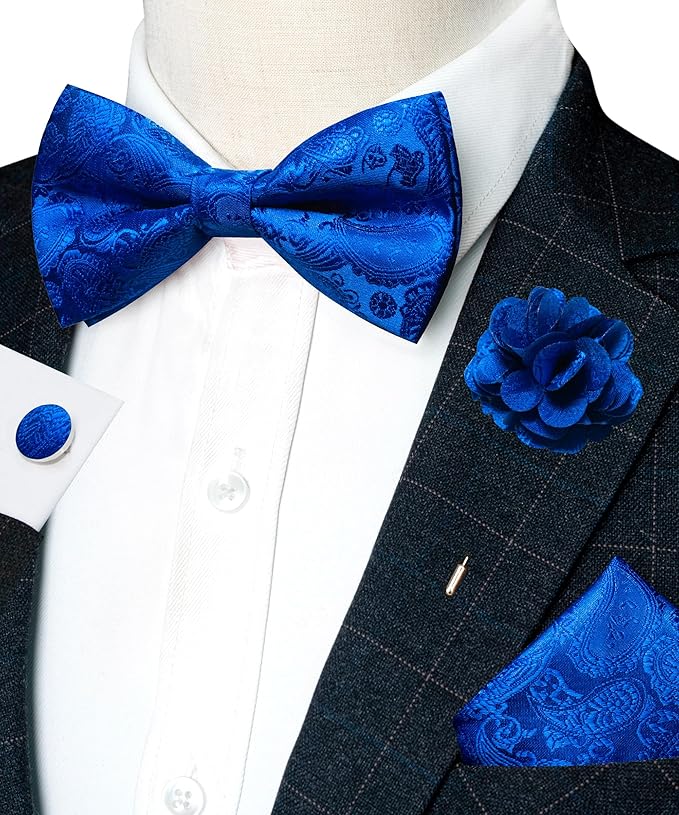 JEMYGINS Paisley Pre-tied Bow Tie and Pocket Square Cufflinks Lapel Pin Sets for Men 4PCS