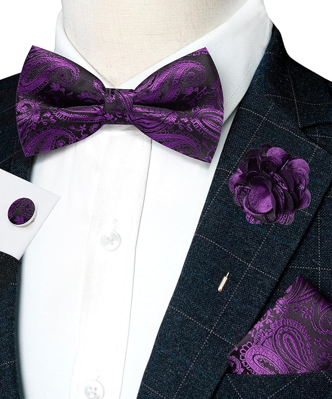 JEMYGINS Mens Paisley Bow Tie and Lapel Pin Necktie Pocket Square and Tie Clip with Sets for Business Casual 4PCS