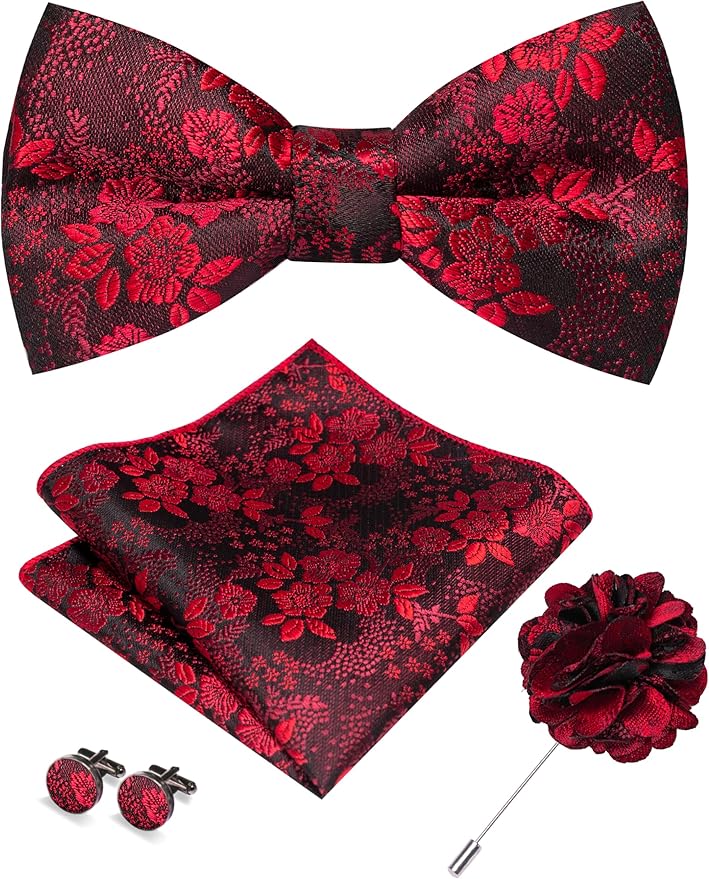 JEMYGINS Floral Pre-tied Bow Tie and Pocket Square Cufflinks Lapel Pin Sets for Men 4PCS