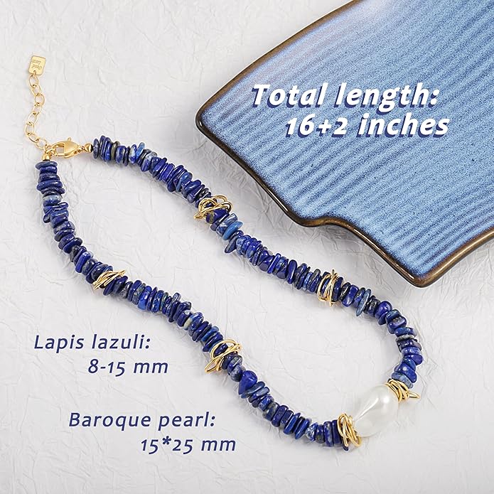 Chunky Statement Stone Beaded Necklace, Big Baroque Pearl Gold Choker, Trendy Boho Colorful Stone Jewelry