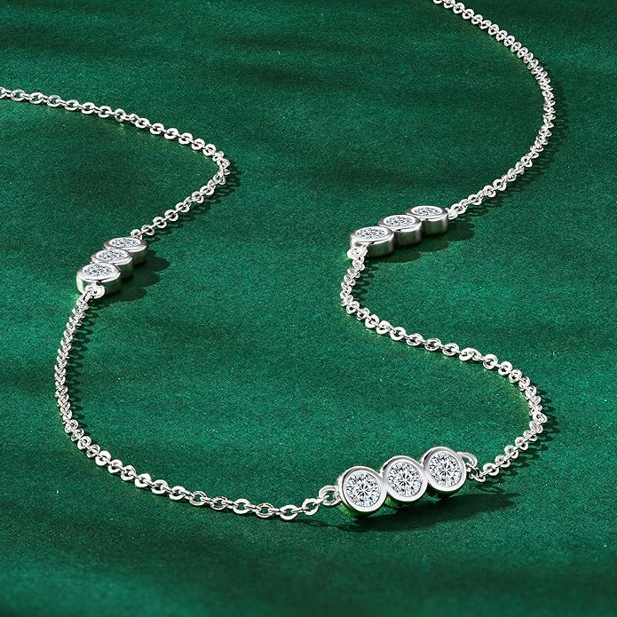 3-Stones Choker Necklace for Women, 0.9cttw D Color Moissanite Pendant 925 Sterling Silver Adjustable Chain, Elegant Jewelry Gifts for Wife or Mom