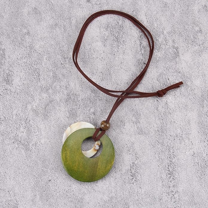 Long Boho Necklaces for Women Vintage Leather Wooden Pendant Y Choker Ethnic Style Gold Circle Hippie Sweater Necklace
