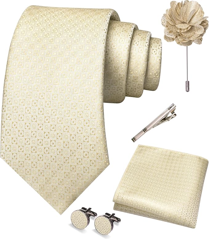 JEMYGINS Mens Tie and Pocket Square,Lapel Pin,Cufflinks,Tie Clip Sets with Gift Box 5PCS