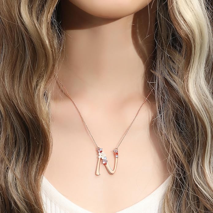 Flower Initial Letter Necklace Pink Red Blue Simulated Pearl Pendant Name Jewelry Made with Austrian Crystals Rose Gold Plated Anniversary Birthday Gifts for Women,18"+2"