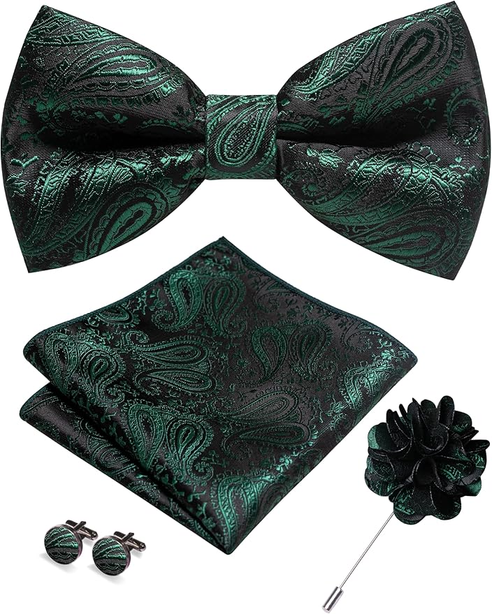 JEMYGINS Mens Paisley Bow Tie and Lapel Pin Necktie Pocket Square and Tie Clip with Sets for Business Casual 4PCS