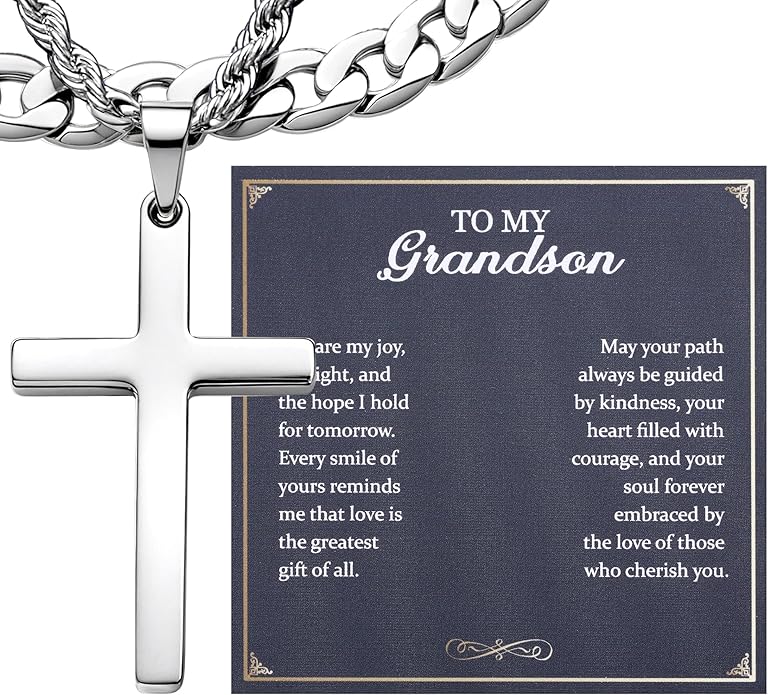 TEN MIRO Silver/Black Cross Necklace for Men Boy Stainless Steel Cross Pendant Necklace for Men Christian Religious Jewelry with Box & Card Birthday Anniversary Christmas Father's Day Gifts for Him