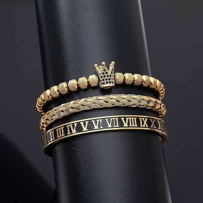 WFYOU 3PCS Stainless Steel Bracelets for Men Gold Roman Numeral Bangle Bracelet Twisted Cable Bracelet Adjustable Cuff Bracelet Mens Luxury Jewelry Bracelets Gifts