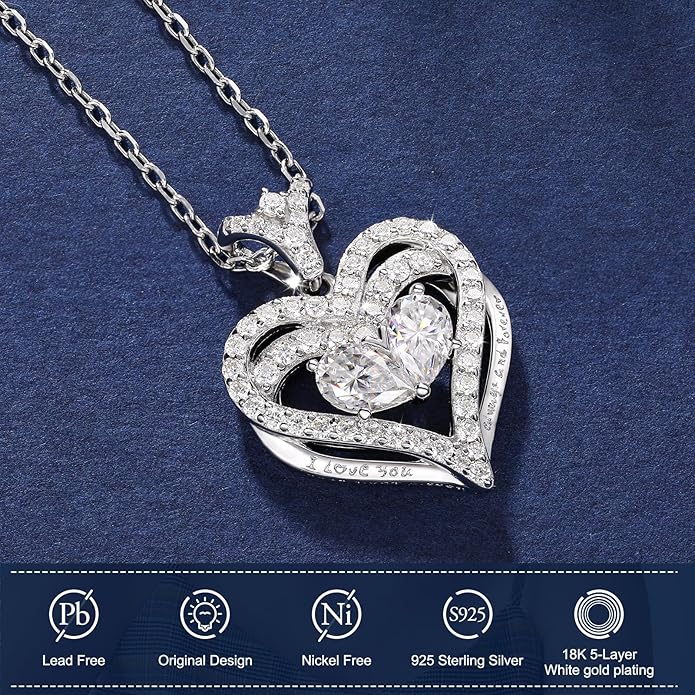 Moissanite Heart Necklace for Women, 18K White/Yellow Gold-Plated 925 Sterling Silver Pear Cut Moissanite Imitation Diamond Pendant Eternity Love Gifts for Her, Anniversary, Birthday, Wedding - to My Wife, Mom