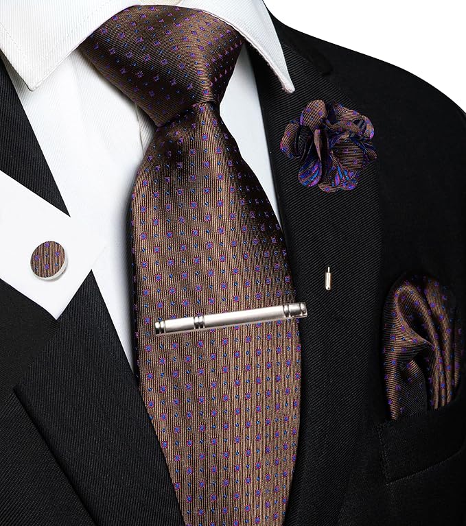 JEMYGINS Mens Tie and Lapel Pin Necktie Pocket Square Cufflinks and Tie Clip Sets for Business Casual 5PCS