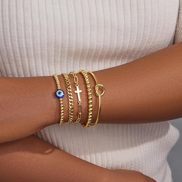 Gold Bracelets for Women Non Tainish,Dainty Bracelets Stack for Women Trendy, Gold Plated Cuff Bracelets Stack With Beaded Cuban Paperclip Snake Rope Bangle Hand Chain Jewelry Gifts for Women