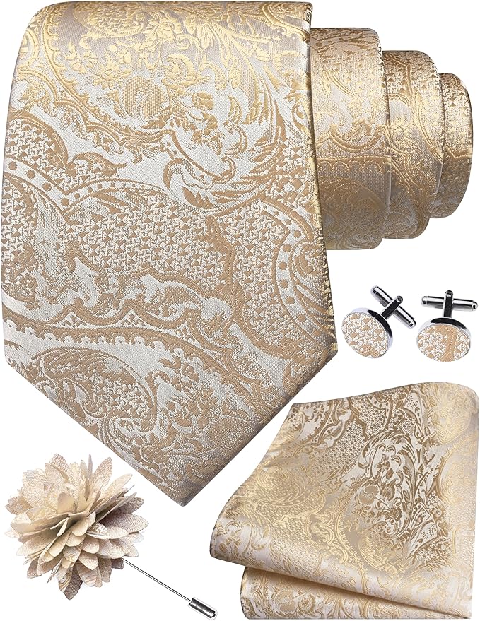 GUSLESON 8cm Paisley Tie Set for Men Necktie Lapel Pin Pocket Square Cufflinks Set for Men