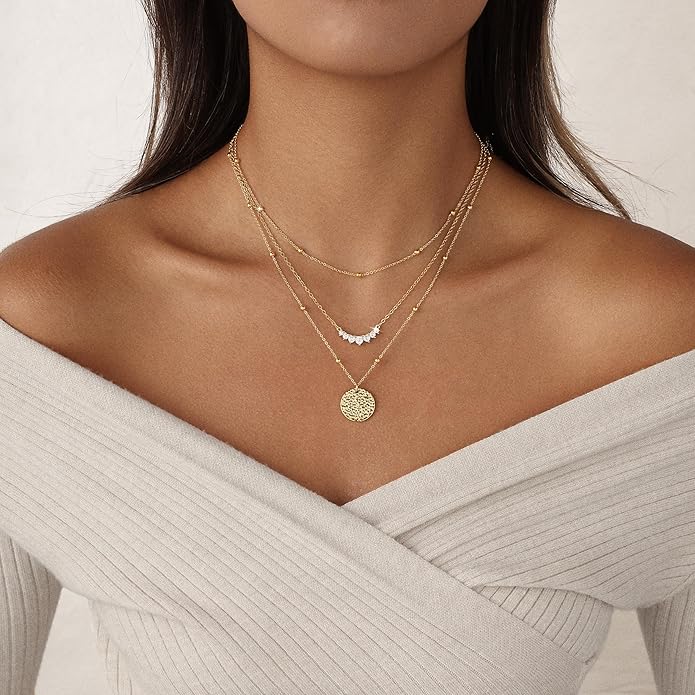 Layered Gold Necklace for Women Trendy 14K Gold Plated Heart CZ Pendant Layered Gold Necklaces Set Coin Choker Necklaces Simple Circle Cubic Zirconia Pearl Necklace Stack Herringbone Paperclip Chain Jewelry Set