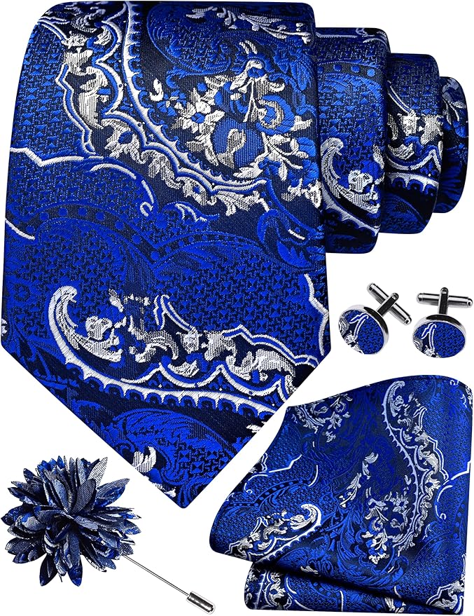 GUSLESON 8cm Paisley Tie Set for Men Necktie Lapel Pin Pocket Square Cufflinks Set for Men