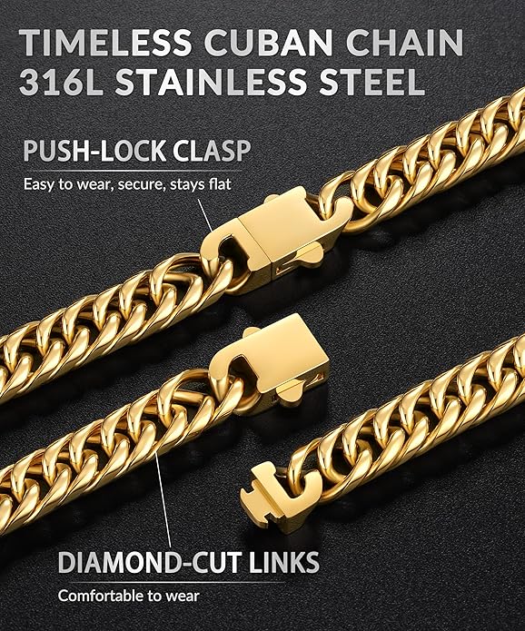 Joymoly 5MM/7MM/9MM Cuban Link Chain for Men Boys with Push-Lock Clasp, Thick 18K Gold Plated Stainless Steel Chains for Men, Cool Mens Necklace Chain 18/20/22/24/26 Inch