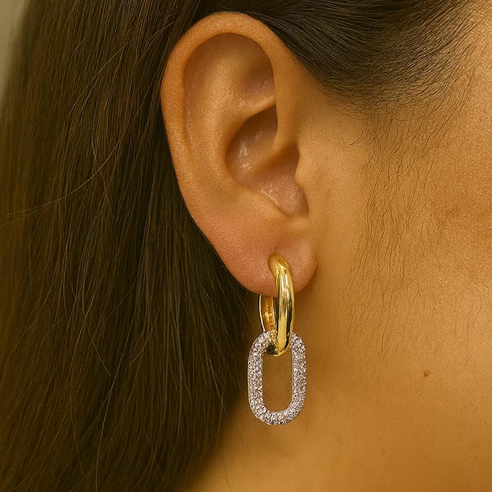 Gold Tone Geometric Dangle Hoop Earrings for Women – Crystal Rectangle Charm, 35mm Drop Length, 12mm Width.KT0013